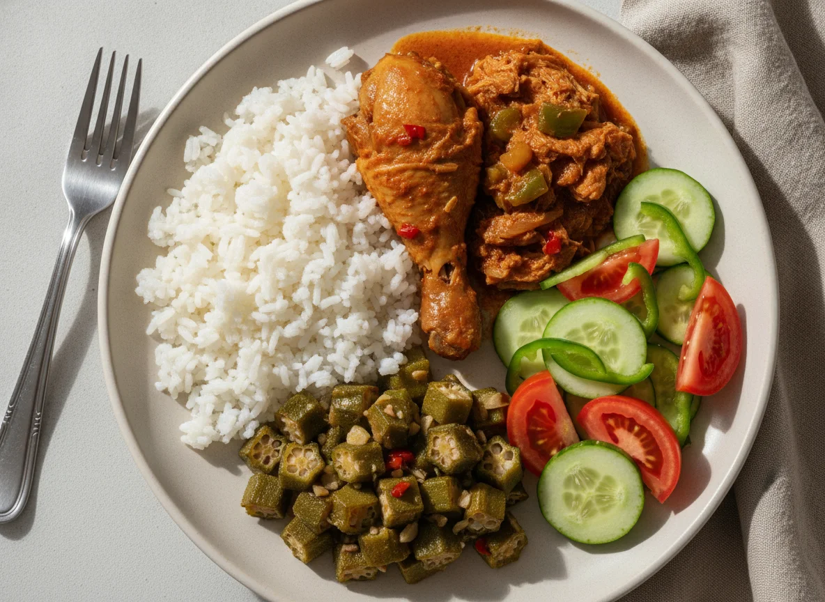 Prato feito com arroz, frango, quiabo e salada photo