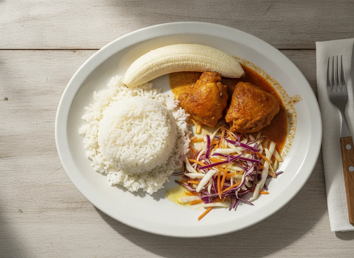 Prato feito com arroz, frango, salada e banana photo