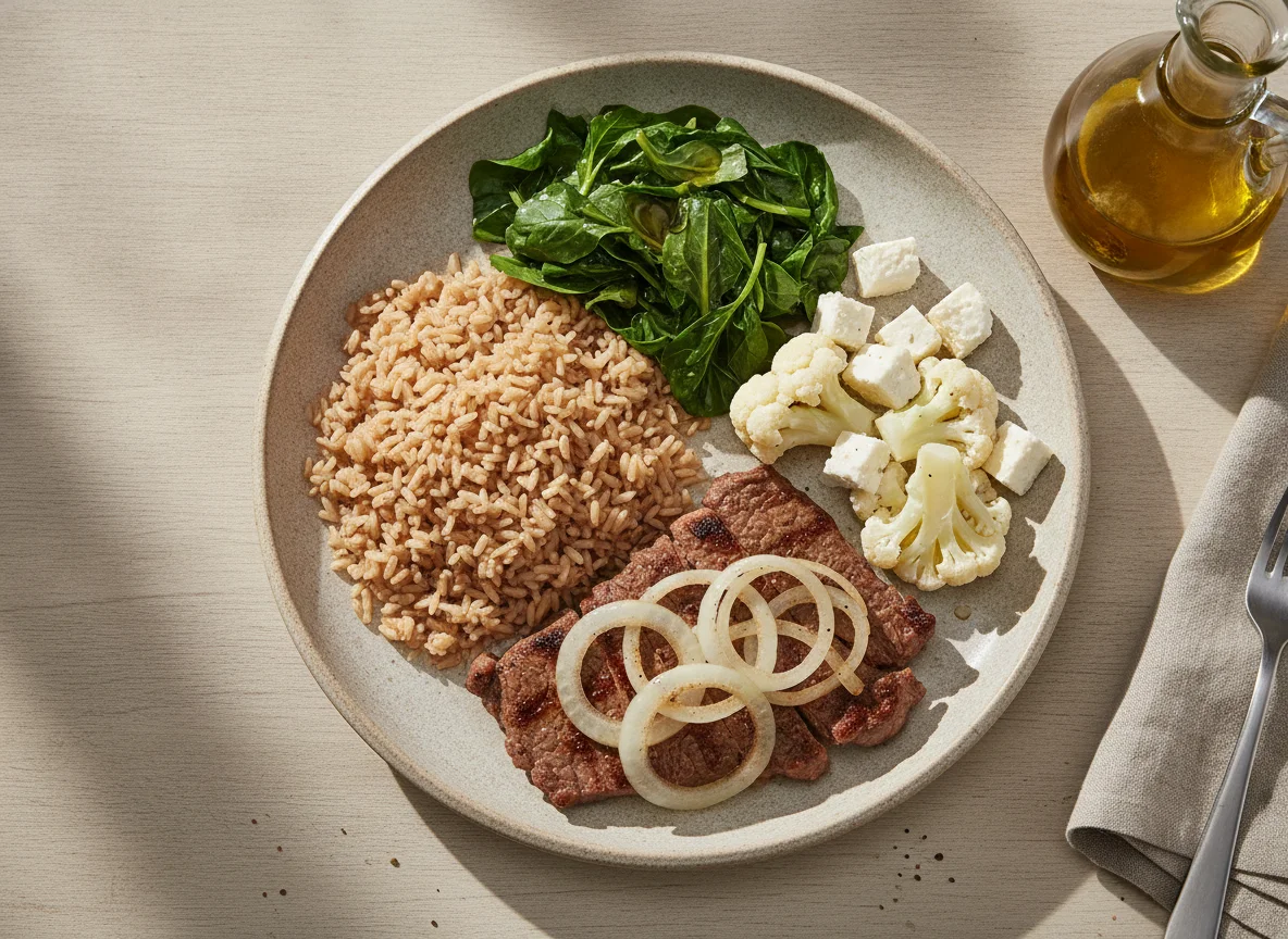 Prato feito com arroz integral, bife acebolado, couve-flor e queijo branco photo