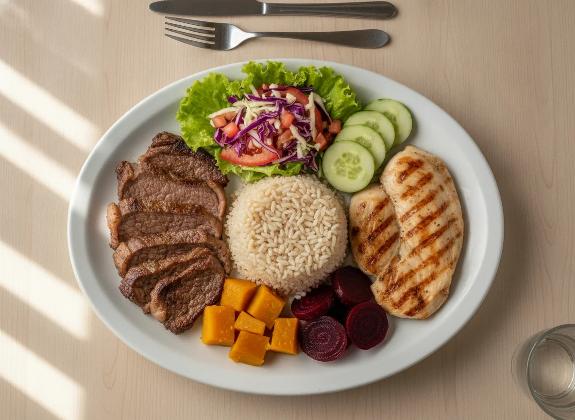 Prato feito com arroz integral, carnes e vegetais photo