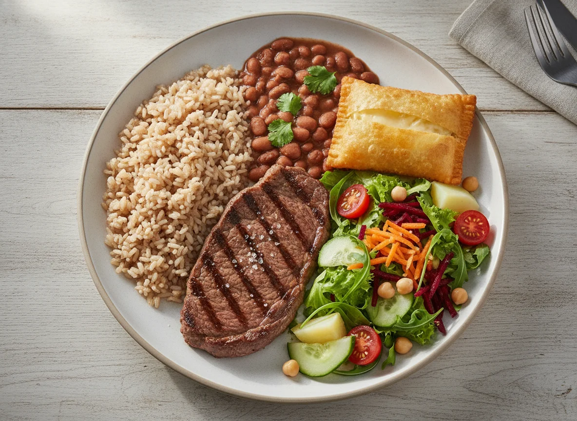 Prato Feito com Arroz Integral, Feijão, Bife, Pastel e Salada photo