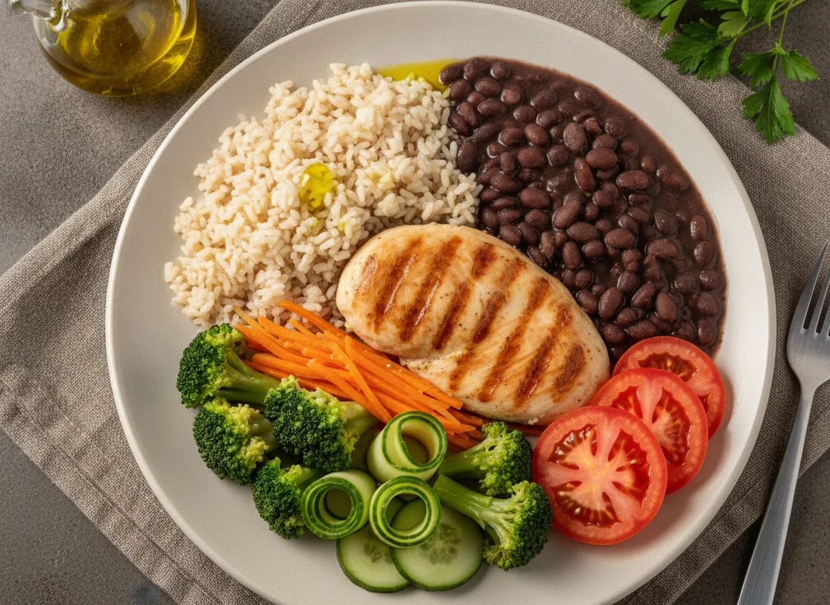 Prato feito com arroz integral, feijão preto, frango grelhado e vegetais photo