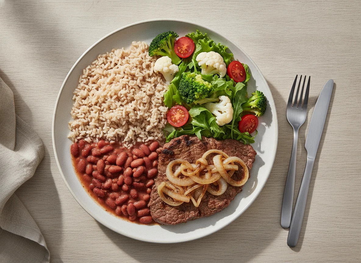 Prato feito com arroz integral, feijão vermelho, bife acebolado e salada photo