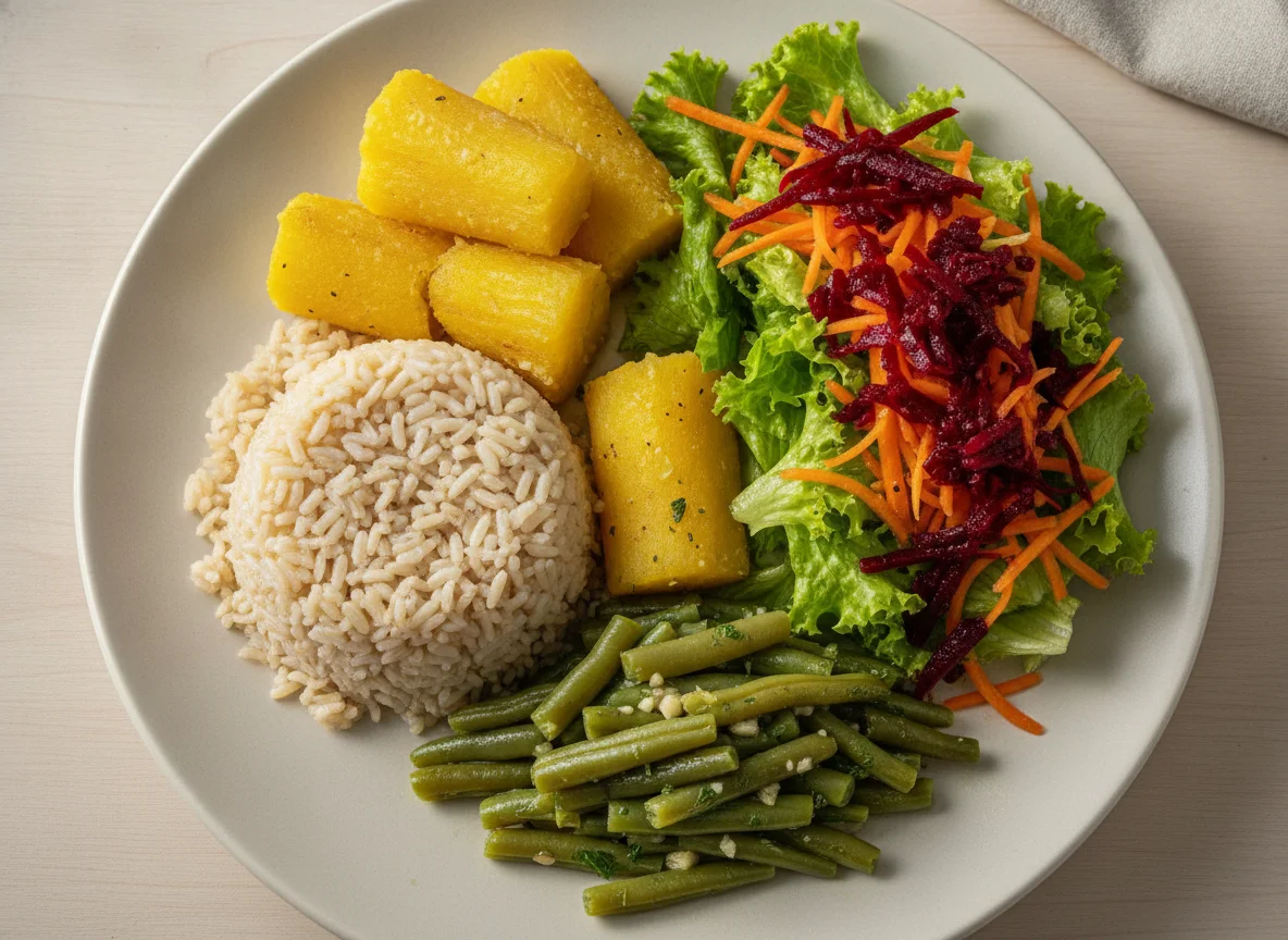 Prato feito com arroz integral, mandioca, vagem e salada mista photo