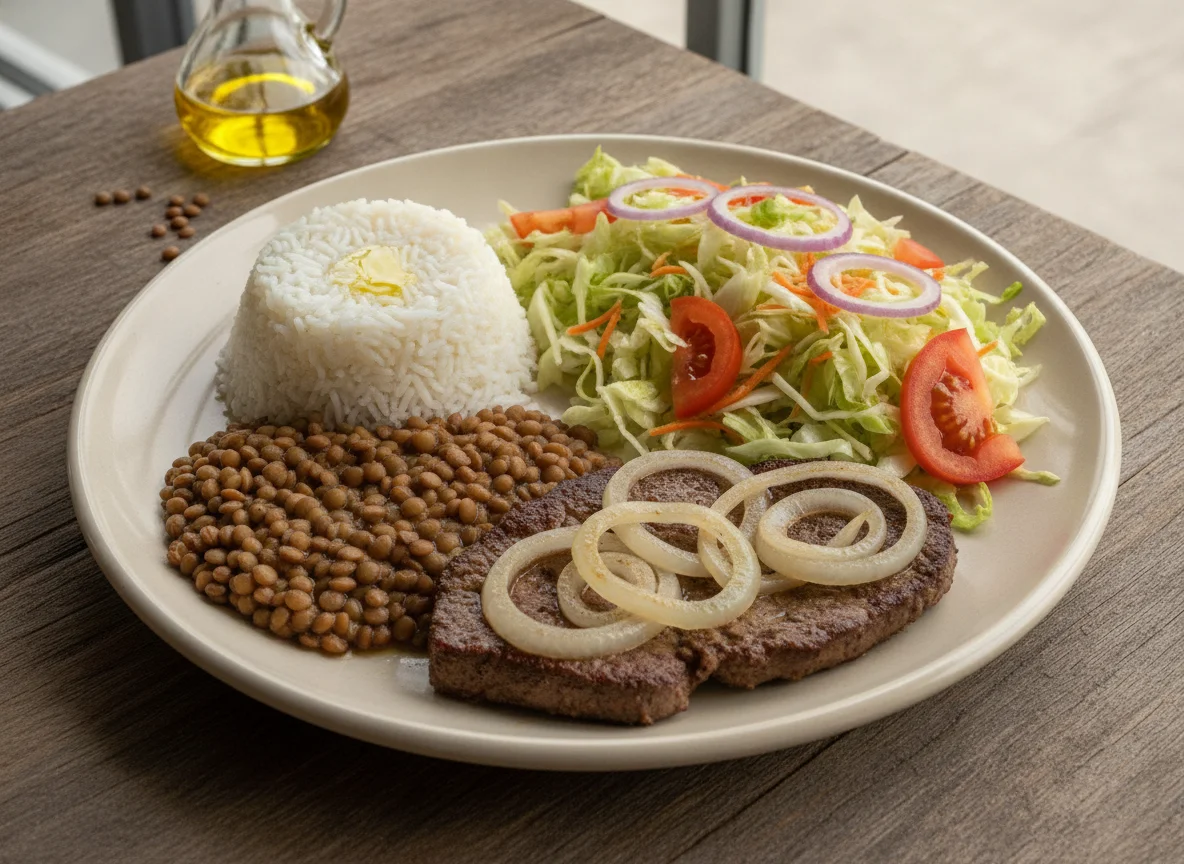 Prato feito com arroz, lentilha, bife de fígado e salada photo