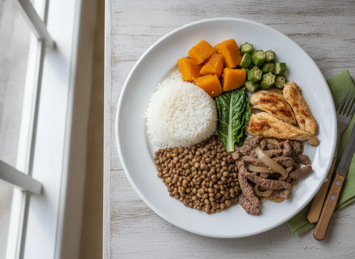 Prato feito com arroz, lentilha, carne bovina, frango e legumes photo