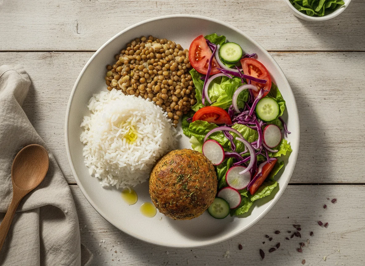Prato Feito com Arroz, Lentilha, Carne Moída e Salada Mista photo