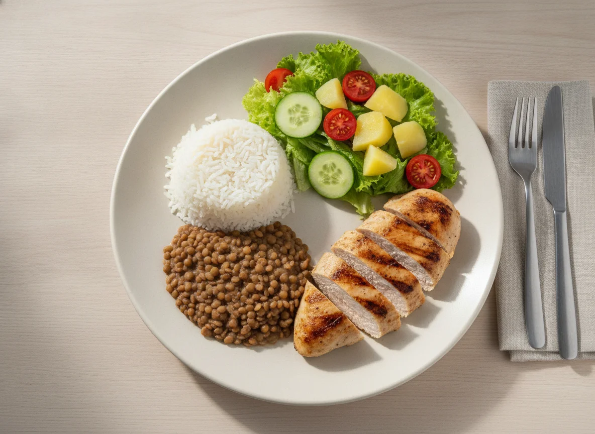 Prato feito com arroz, lentilha, frango grelhado e salada photo