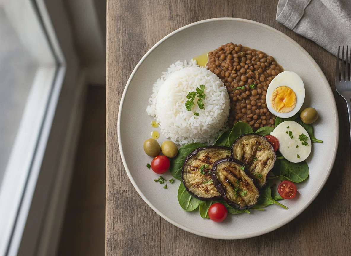 Prato feito com arroz, lentilha, ovo cozido e berinjela photo