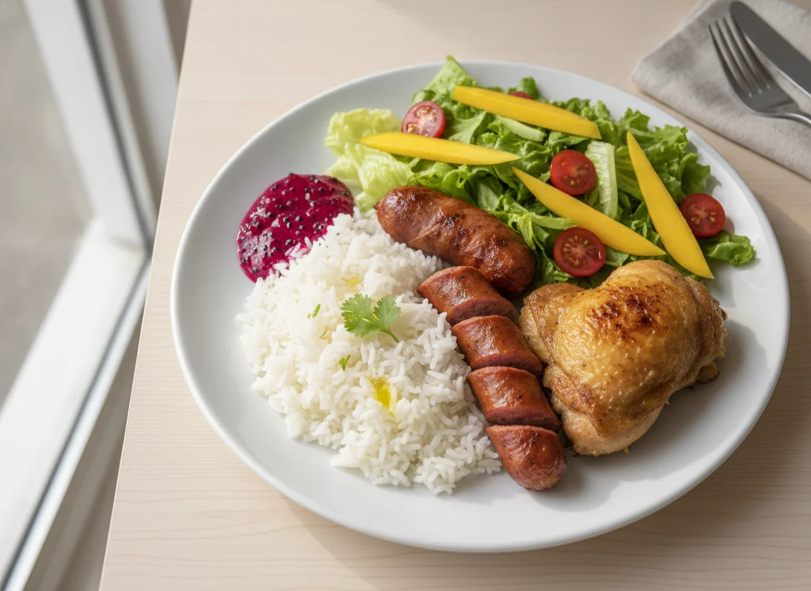 Prato feito com arroz, linguiça, frango e salada photo