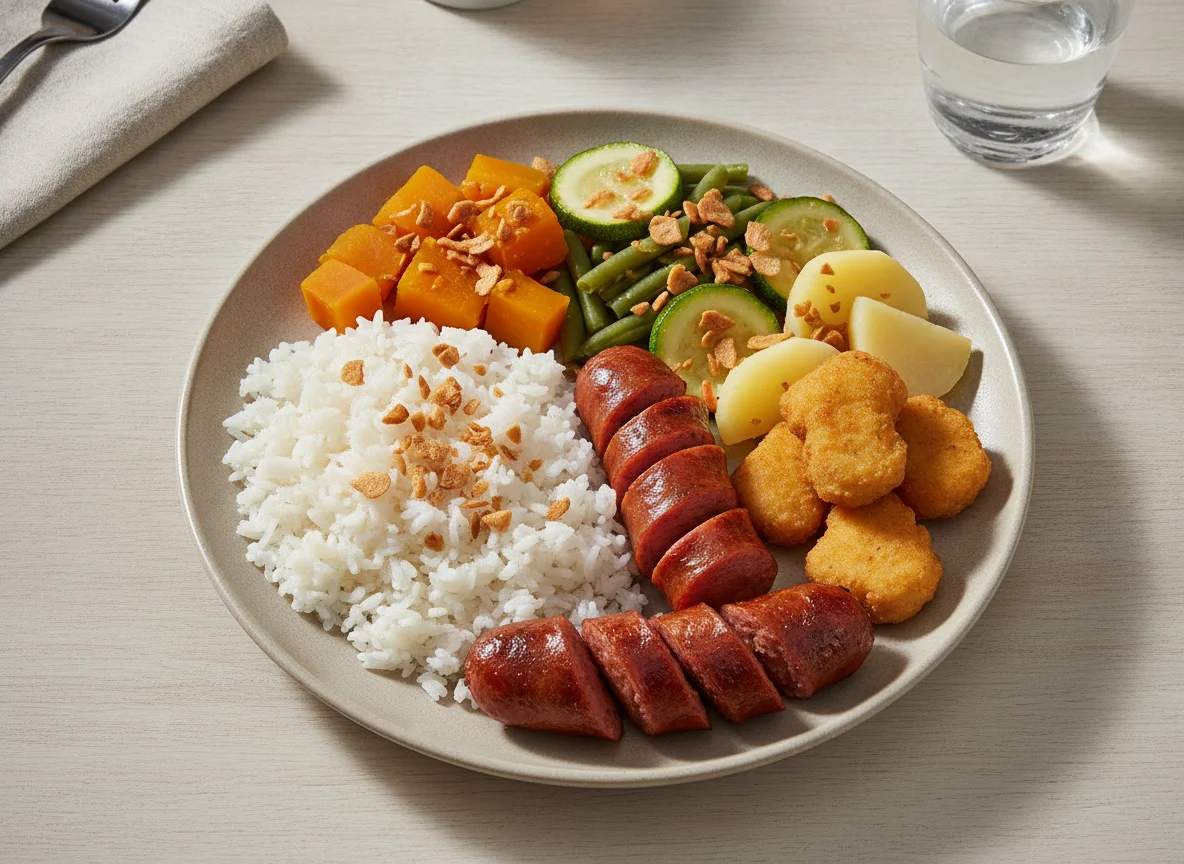Prato feito com arroz, linguiça, nuggets e legumes photo
