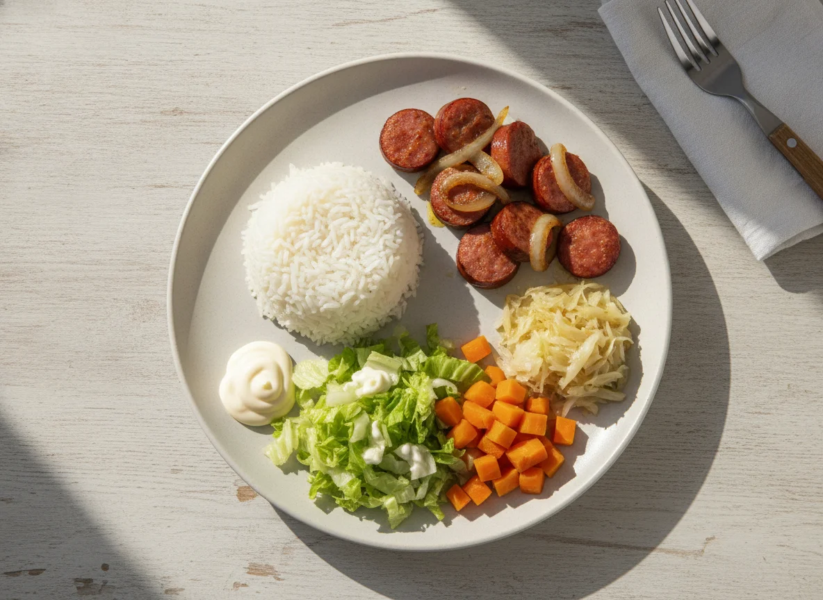 Prato feito com arroz, linguiça, salada e legumes photo