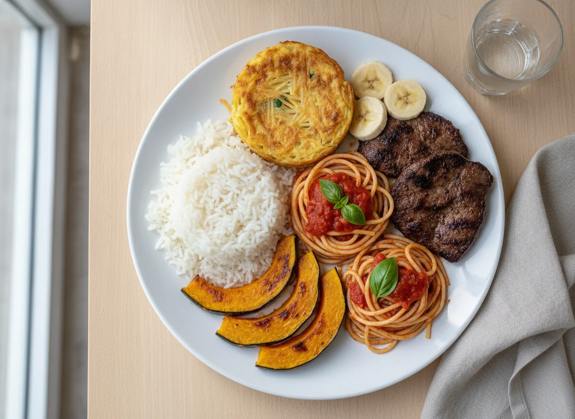 Prato feito com arroz, macarrão, abóbora, banana e fígado photo