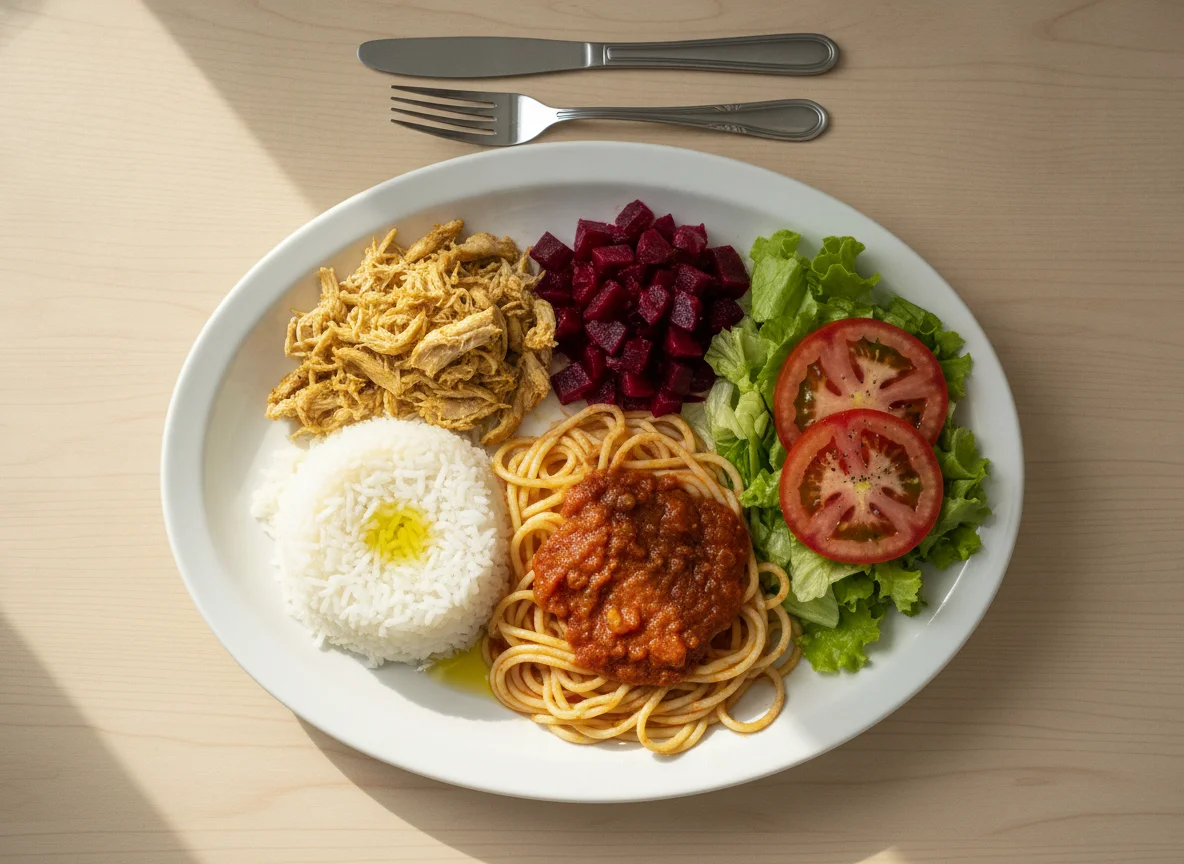 Prato feito com arroz, macarrão, beterraba, frango desfiado e salada photo