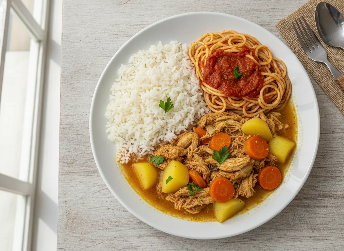 Prato feito com arroz, macarrão e ensopado de frango com legumes photo