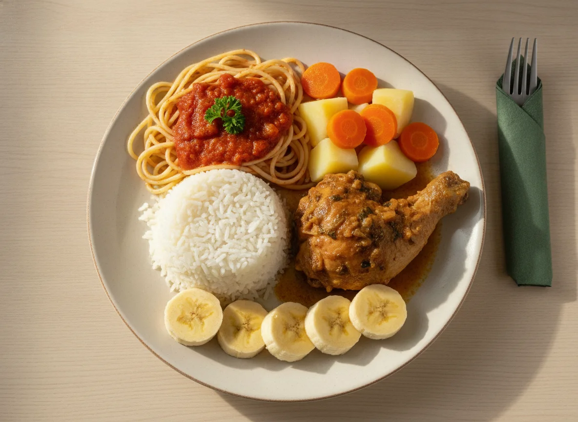 Prato feito com arroz, macarrão, frango, cenoura e banana photo