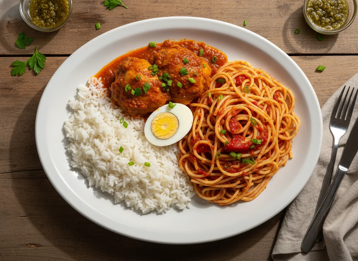 Prato feito com arroz, macarrão, ovo e carne photo