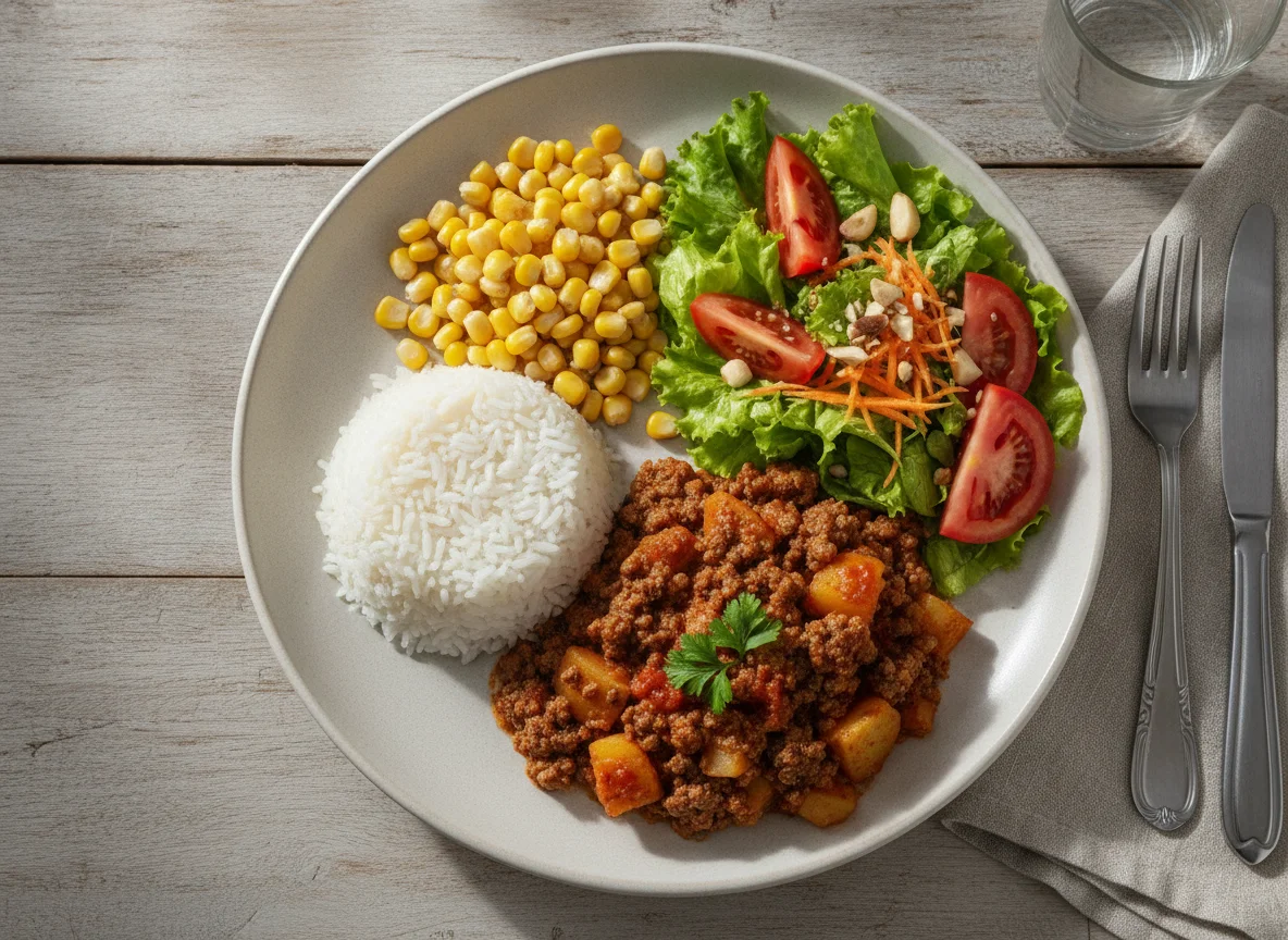 Prato feito com arroz, milho, carne moída com batatas e salada mista photo