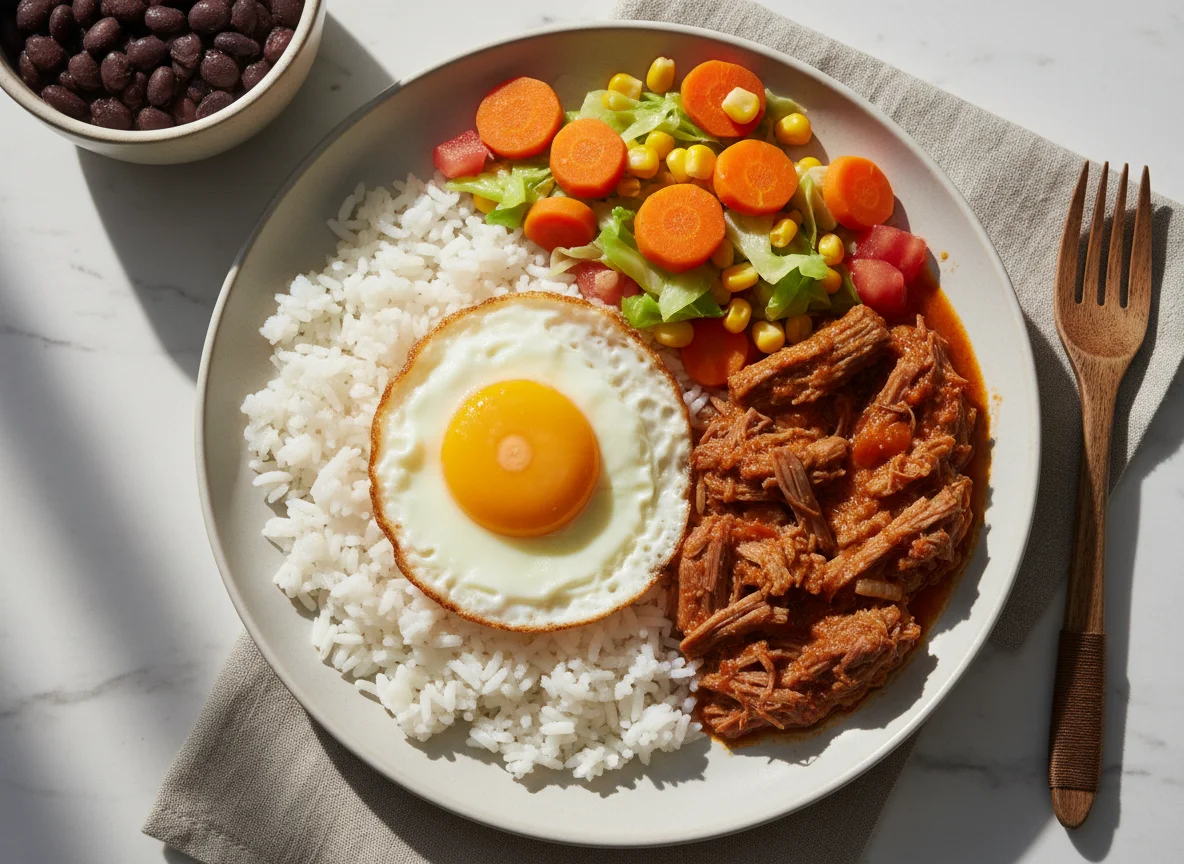 Prato feito com arroz, ovo frito e carne photo