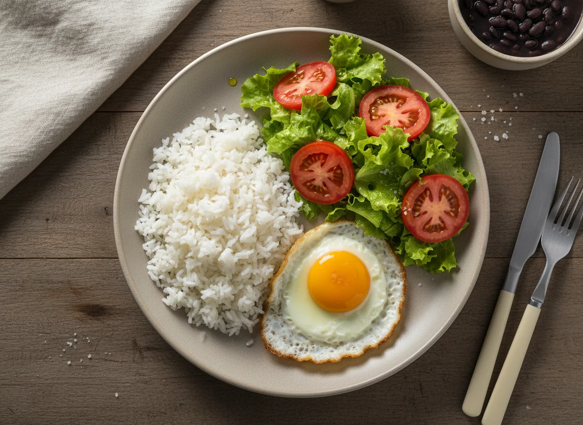 Prato feito com arroz, ovo frito e salada photo