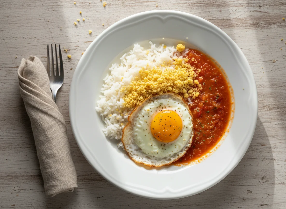 Prato feito com arroz, ovo frito, farofa e molho photo