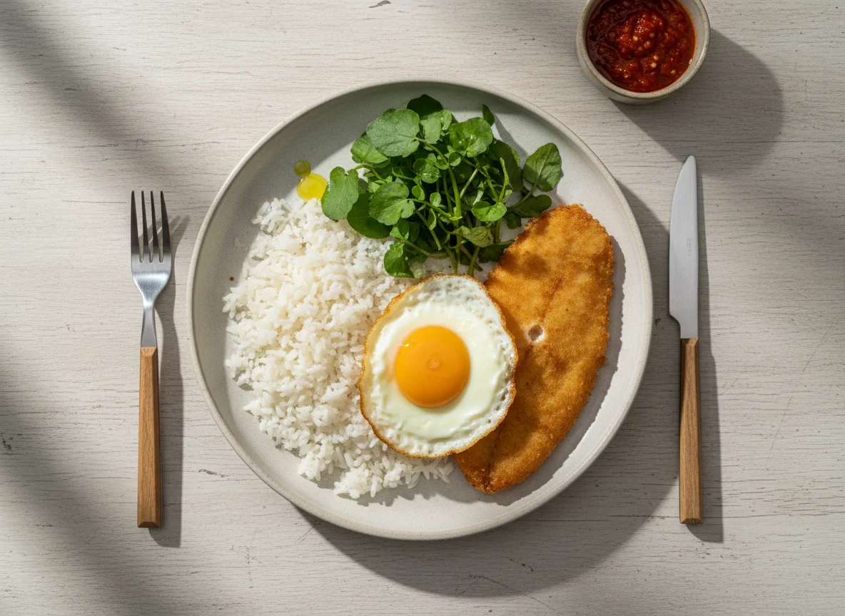 Prato feito com arroz, ovo frito, peixe frito e agrião photo