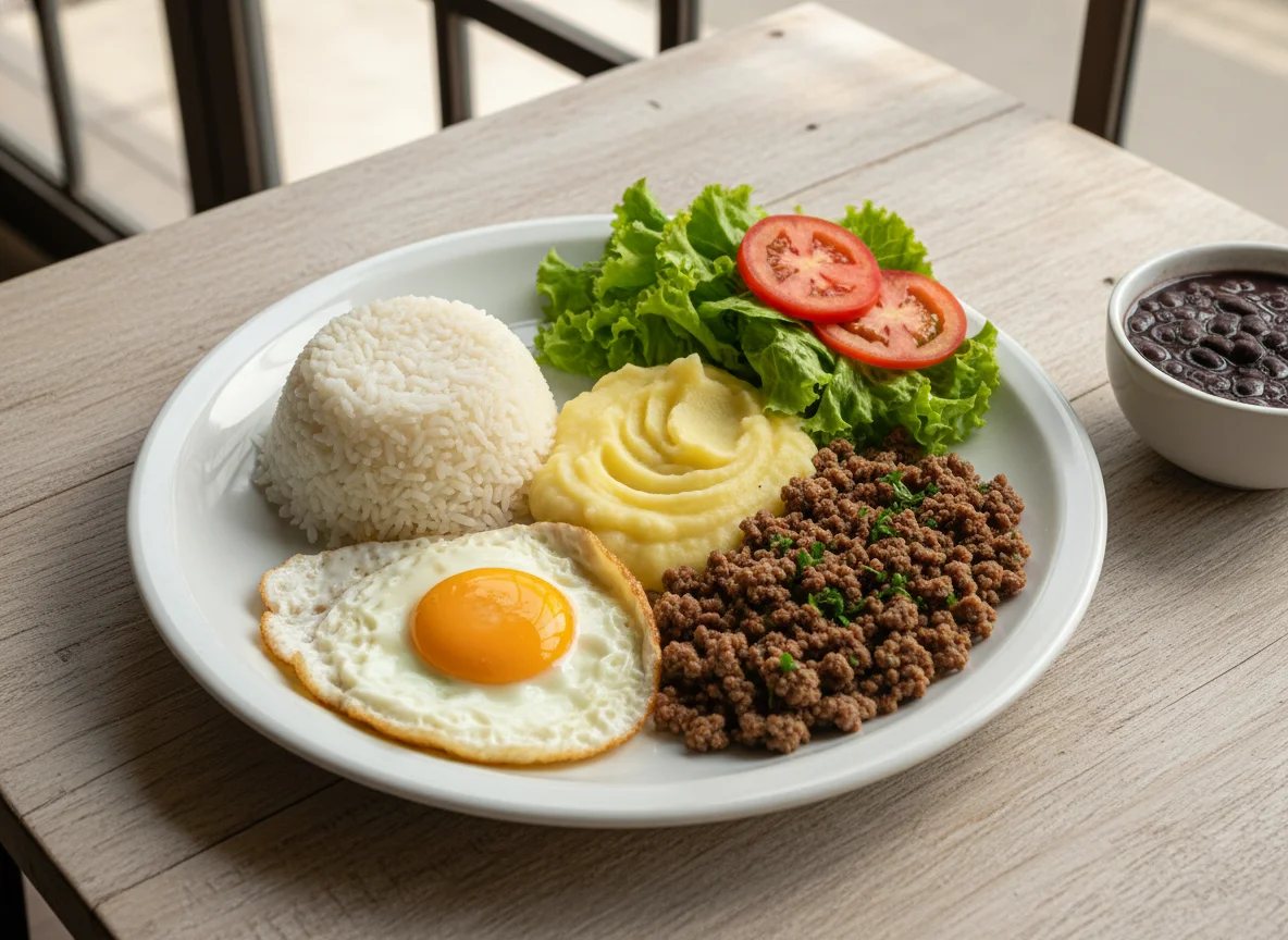 Prato feito com arroz, ovo frito, purê de batata, carne moída e salada photo
