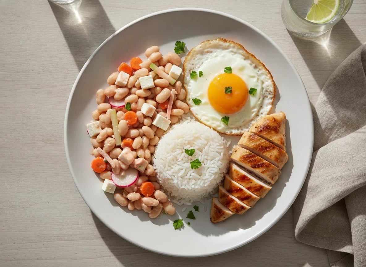 Prato feito com arroz, ovo frito, salada de feijão branco e frango photo