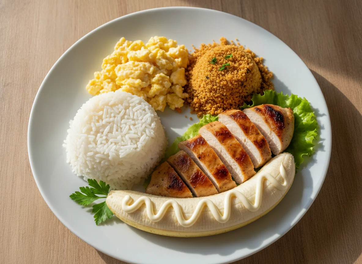 Prato feito com arroz, ovos, farofa, frango e banana com maionese photo