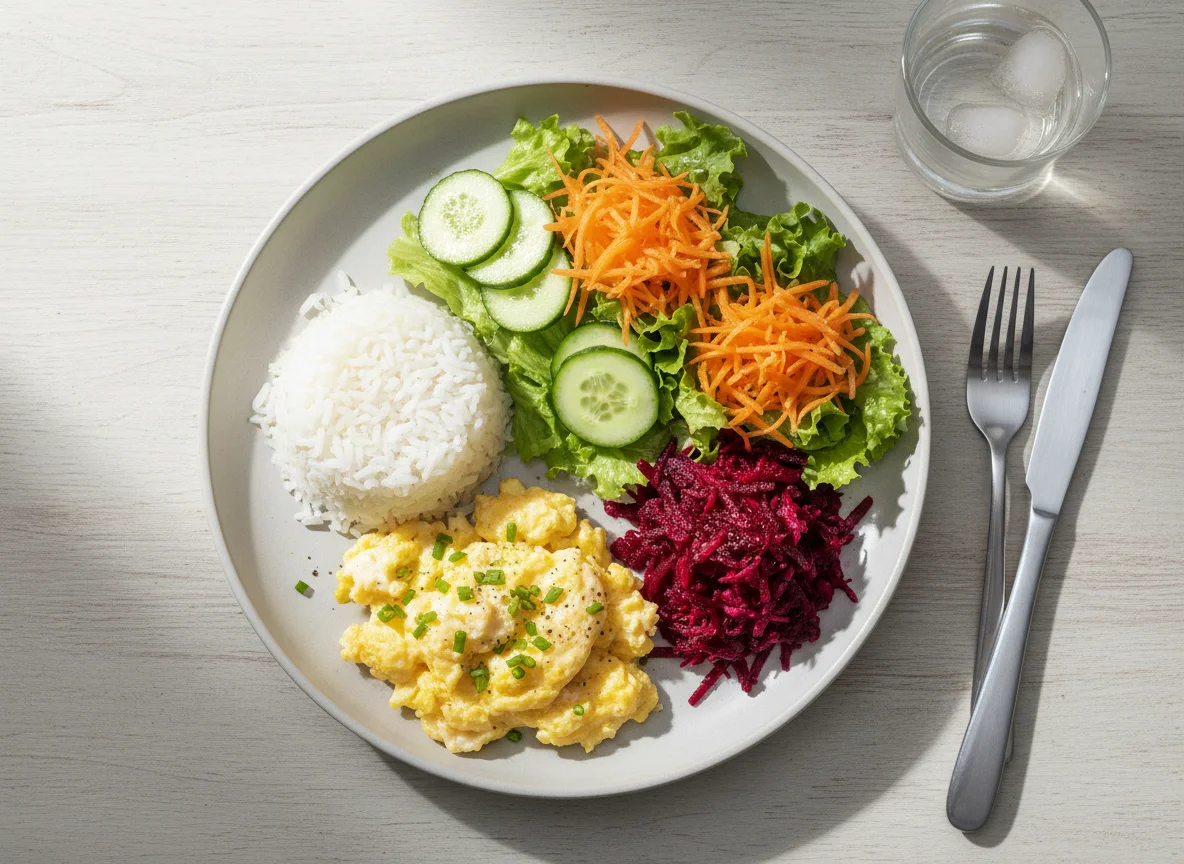 Prato feito com arroz, ovos mexidos e salada photo