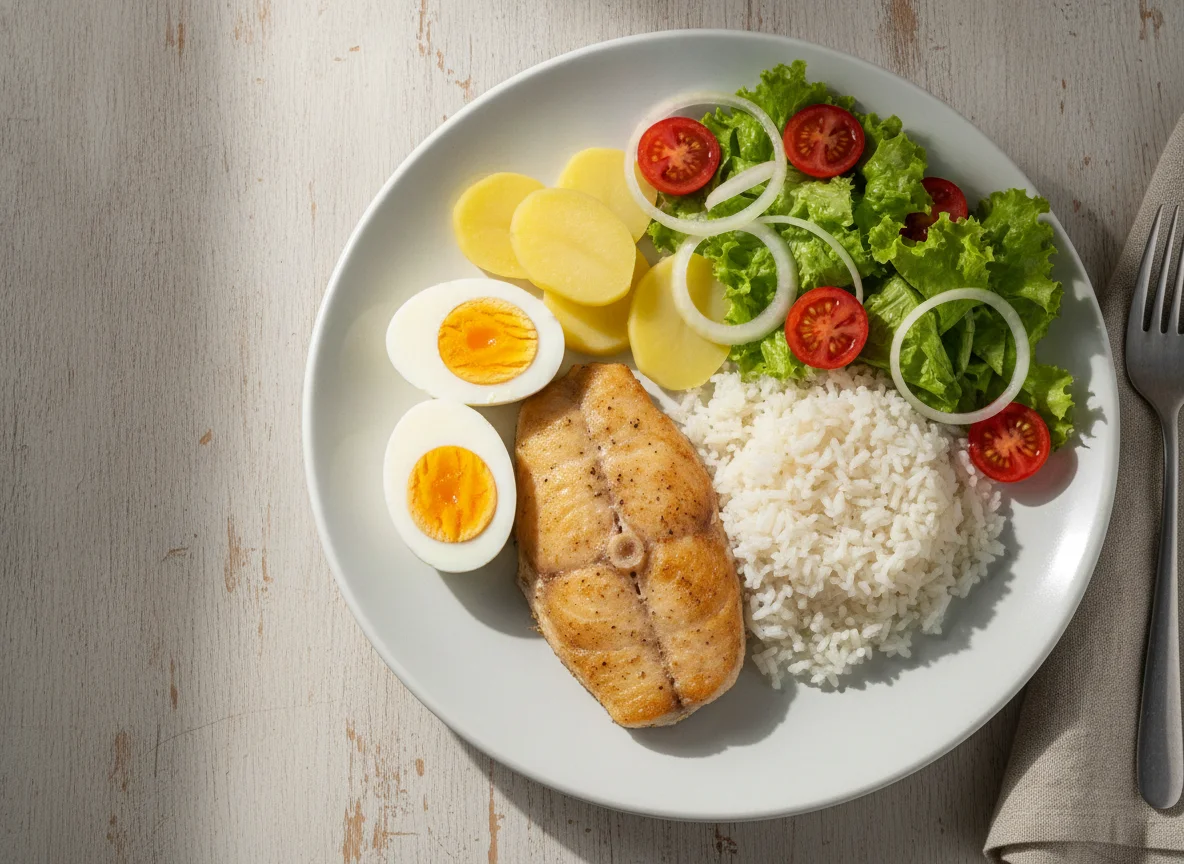 Prato feito com arroz, peixe, ovos cozidos e salada photo