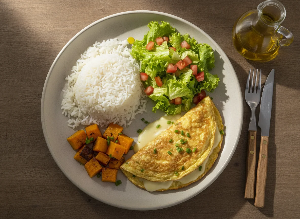 Prato feito com arroz, salada, abóbora e omelete photo
