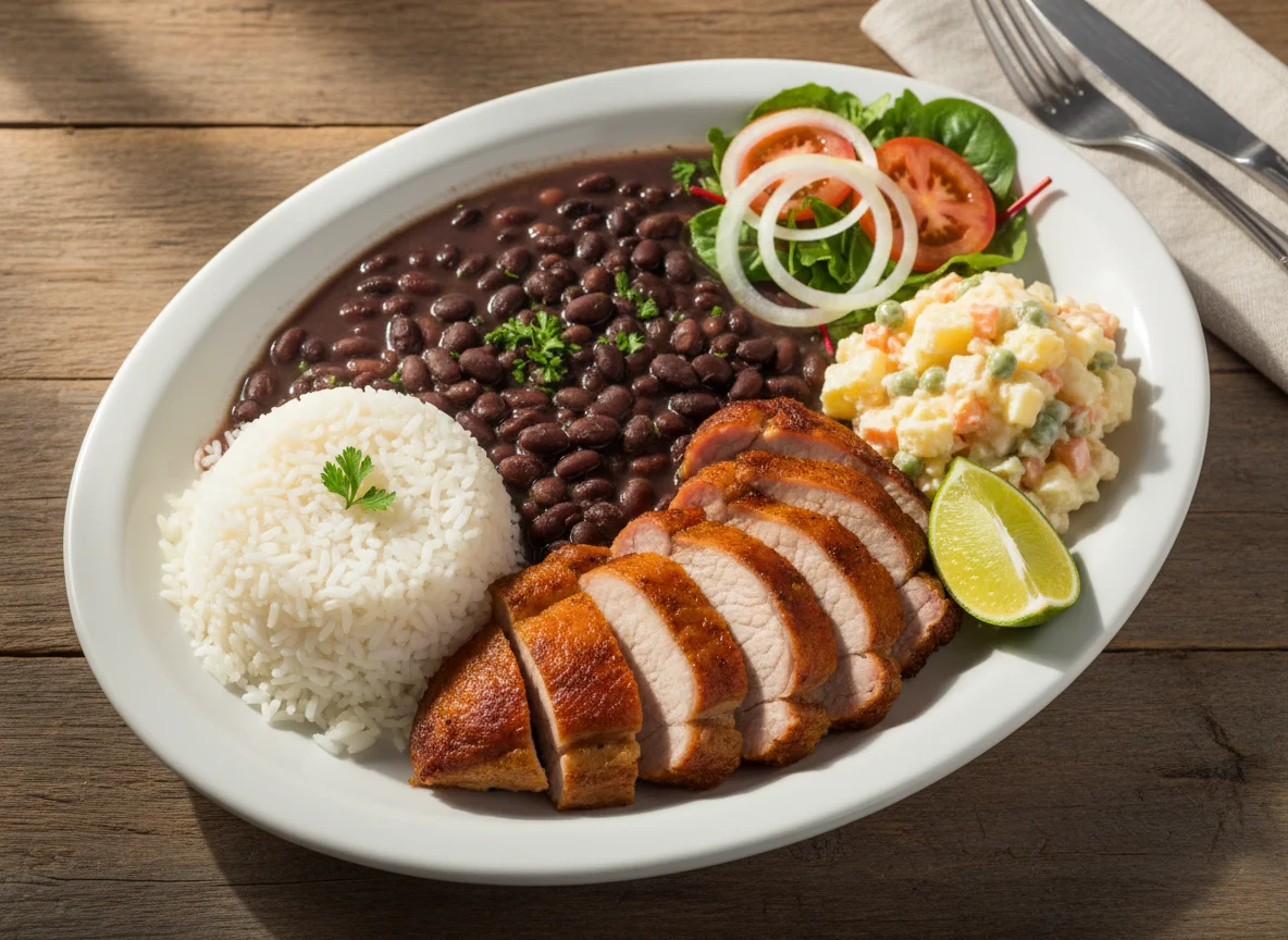 Prato feito com arroz, salada de maionese e carne de porco photo