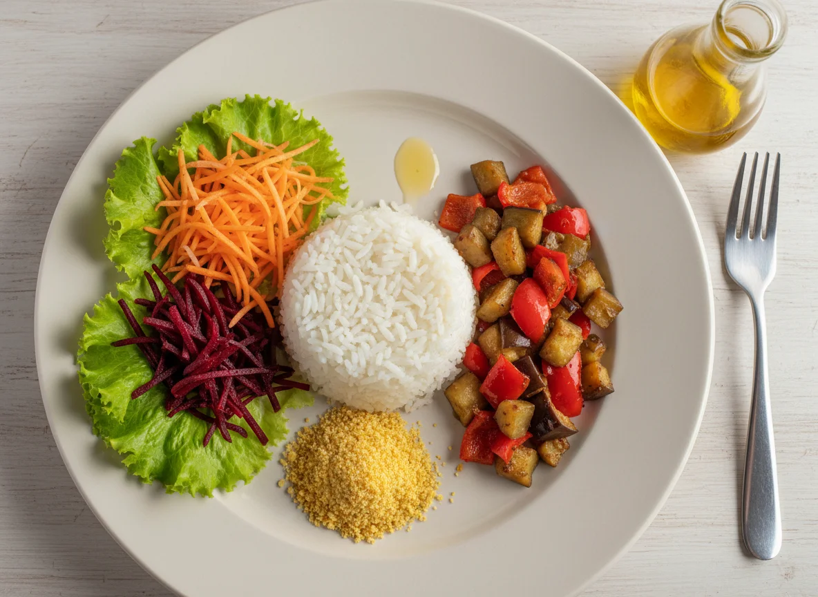 Prato feito com arroz, salada e legumes photo