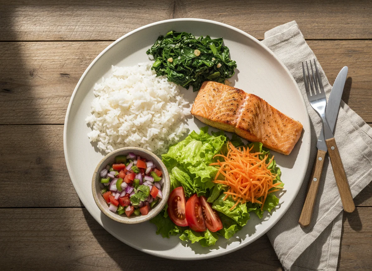 Prato feito com arroz, salmão e salada photo