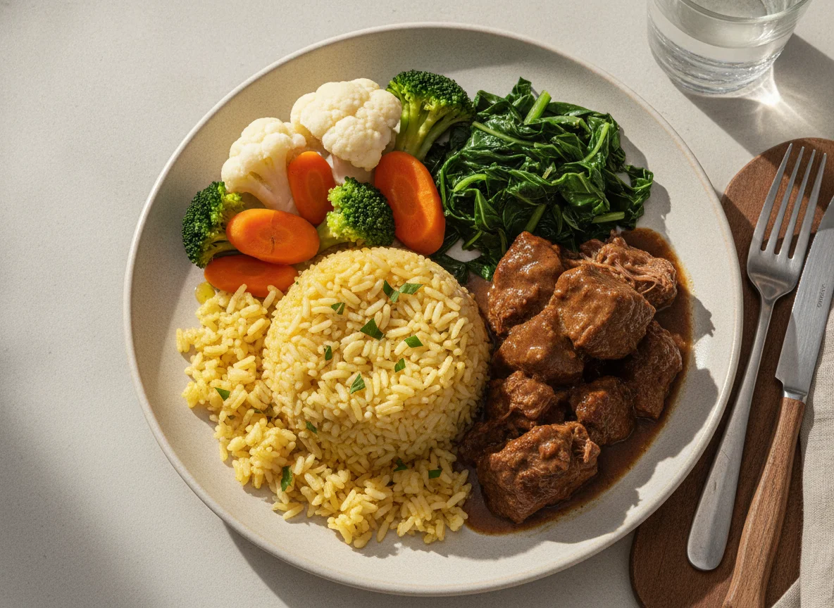 Prato Feito com Arroz Temperado, Carne e Vegetais photo