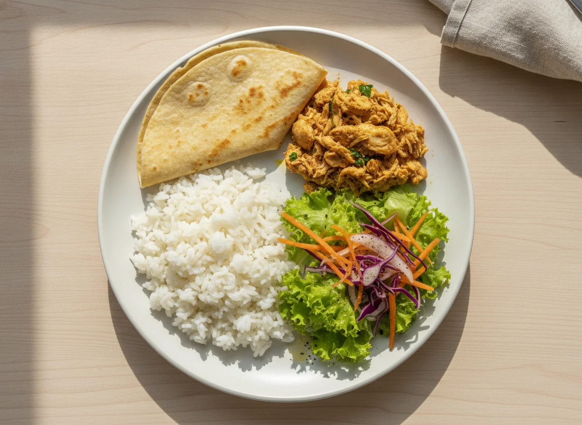 Prato feito com arroz, tortilha, frango desfiado e salada photo
