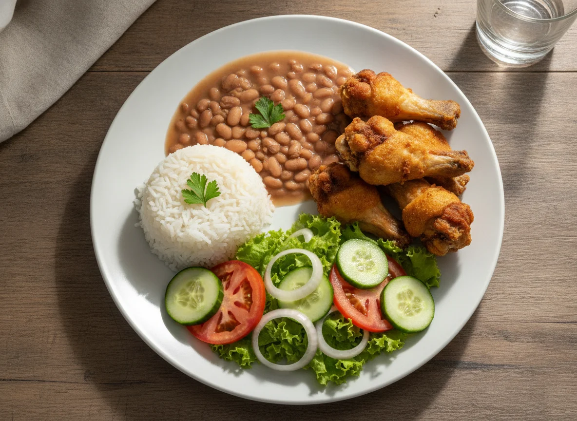 Prato feito com asinhas de frango, arroz, feijão e salada photo