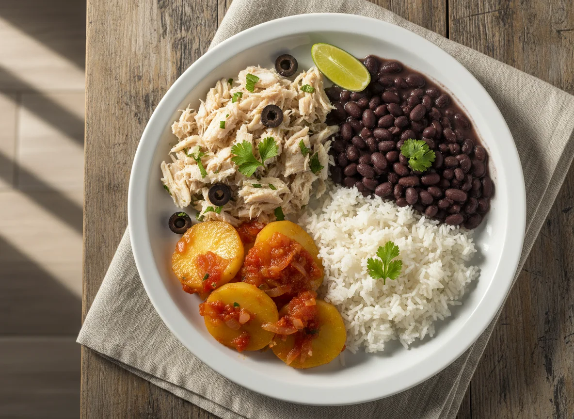 Prato feito com bacalhau, batatas, arroz e feijão photo