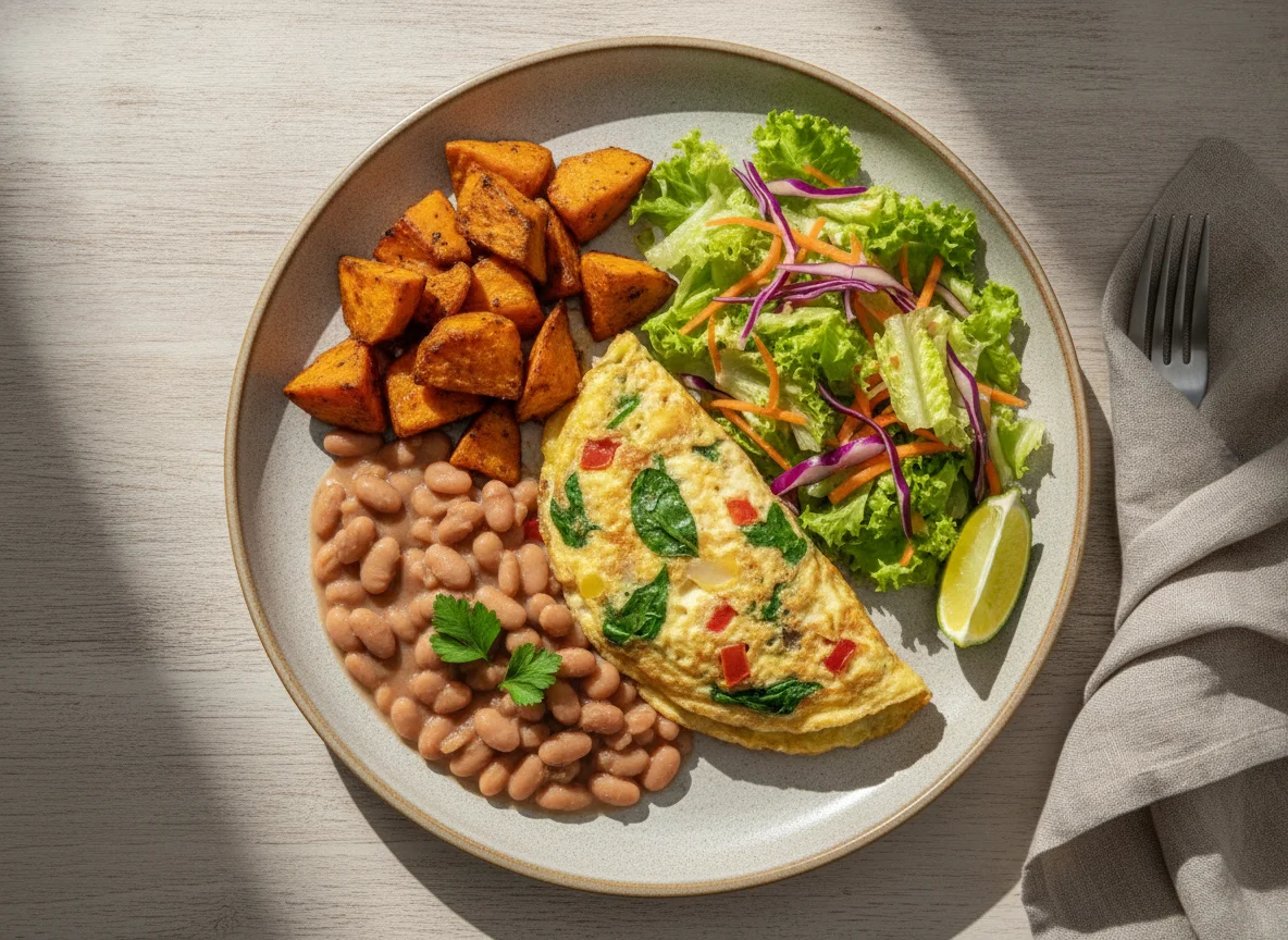 Prato feito com batata doce, feijão carioca, omelete e salada photo