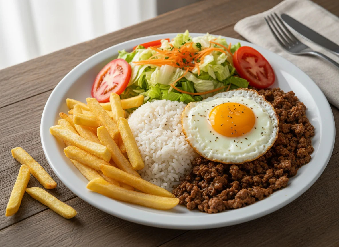 Prato feito com batata frita, arroz e salada photo