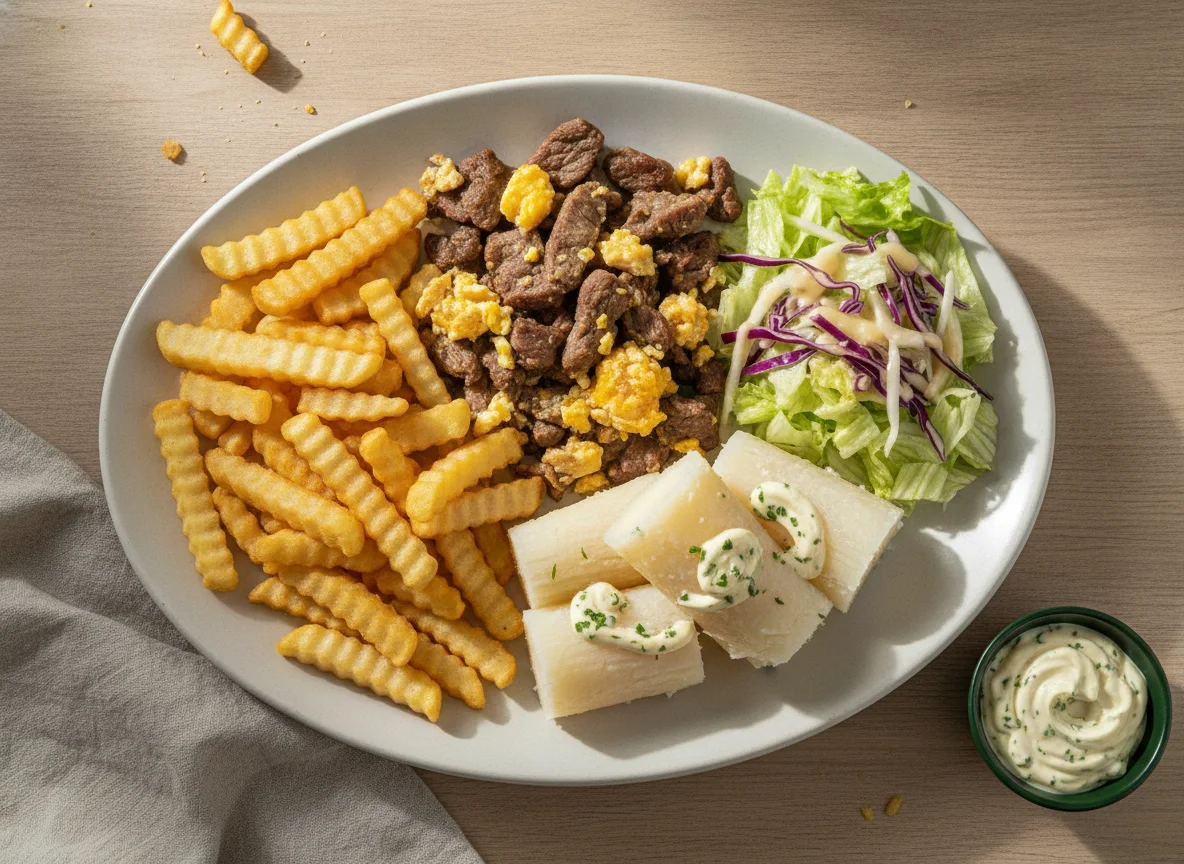 Prato Feito com Batata Frita, Carne com Ovos, Mandioca e Salada photo