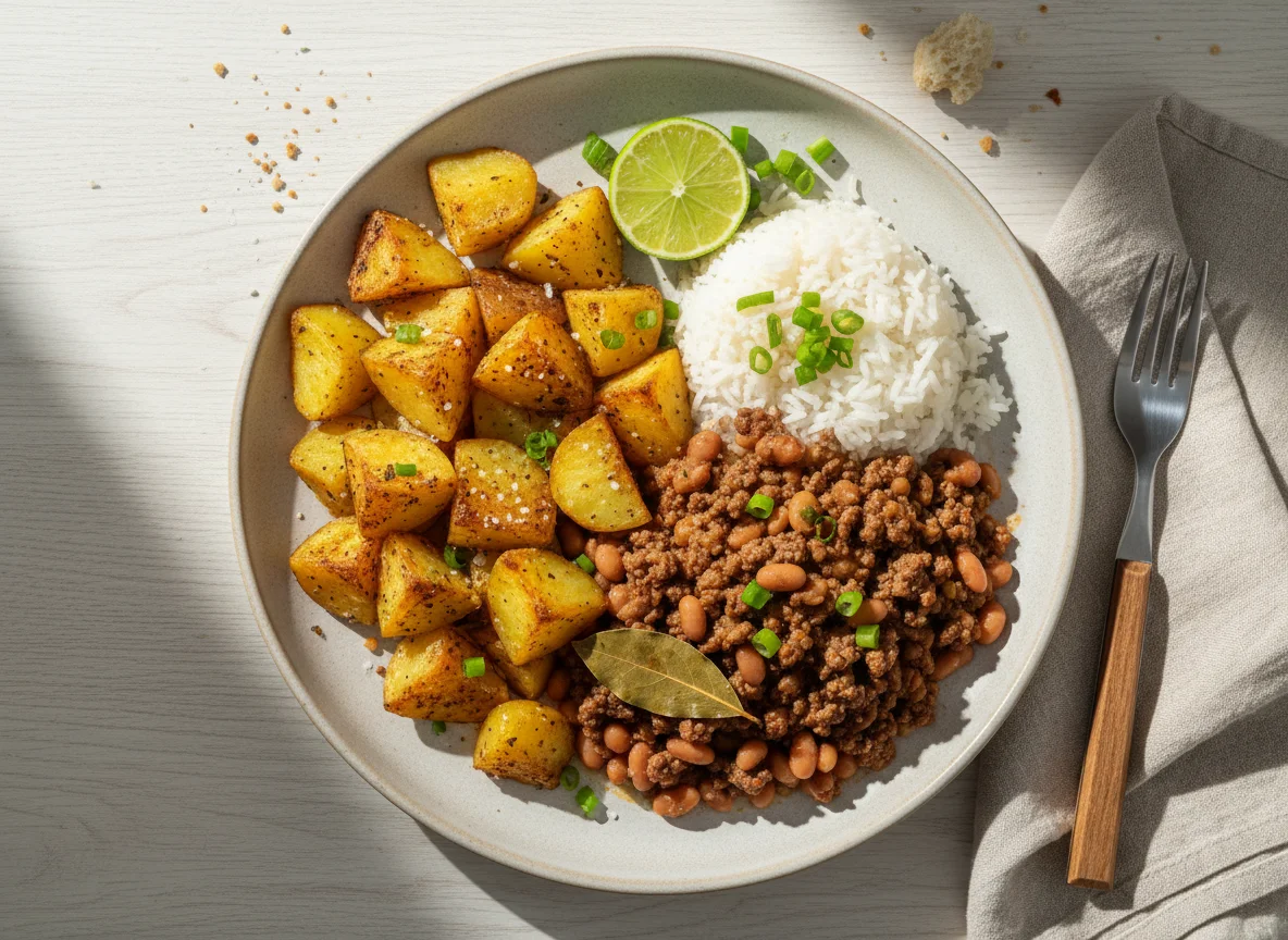 Prato feito com batatas rústicas, feijão, arroz e carne moída photo