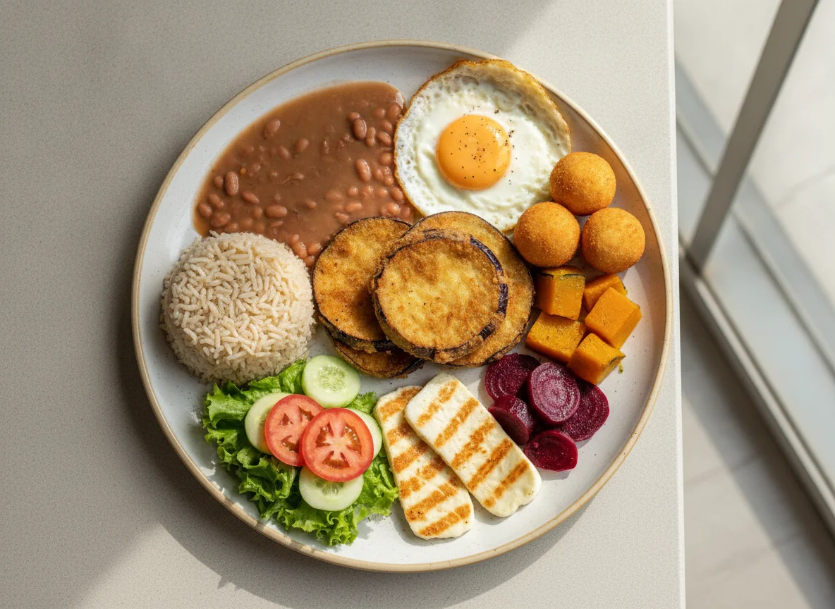 Prato feito com berinjela frita, arroz integral, feijão e acompanhamentos photo