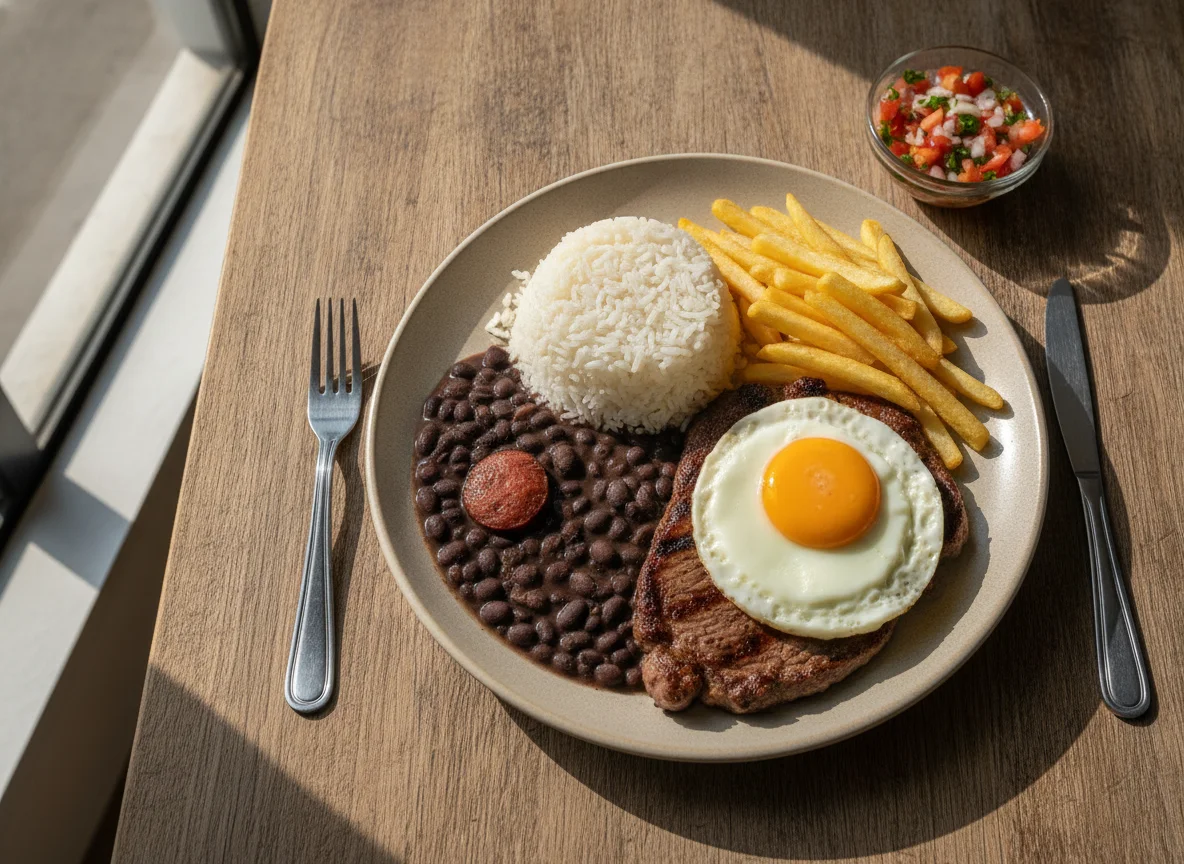 Prato Feito com Bife a Cavalo, Arroz, Feijão e Batata Frita photo