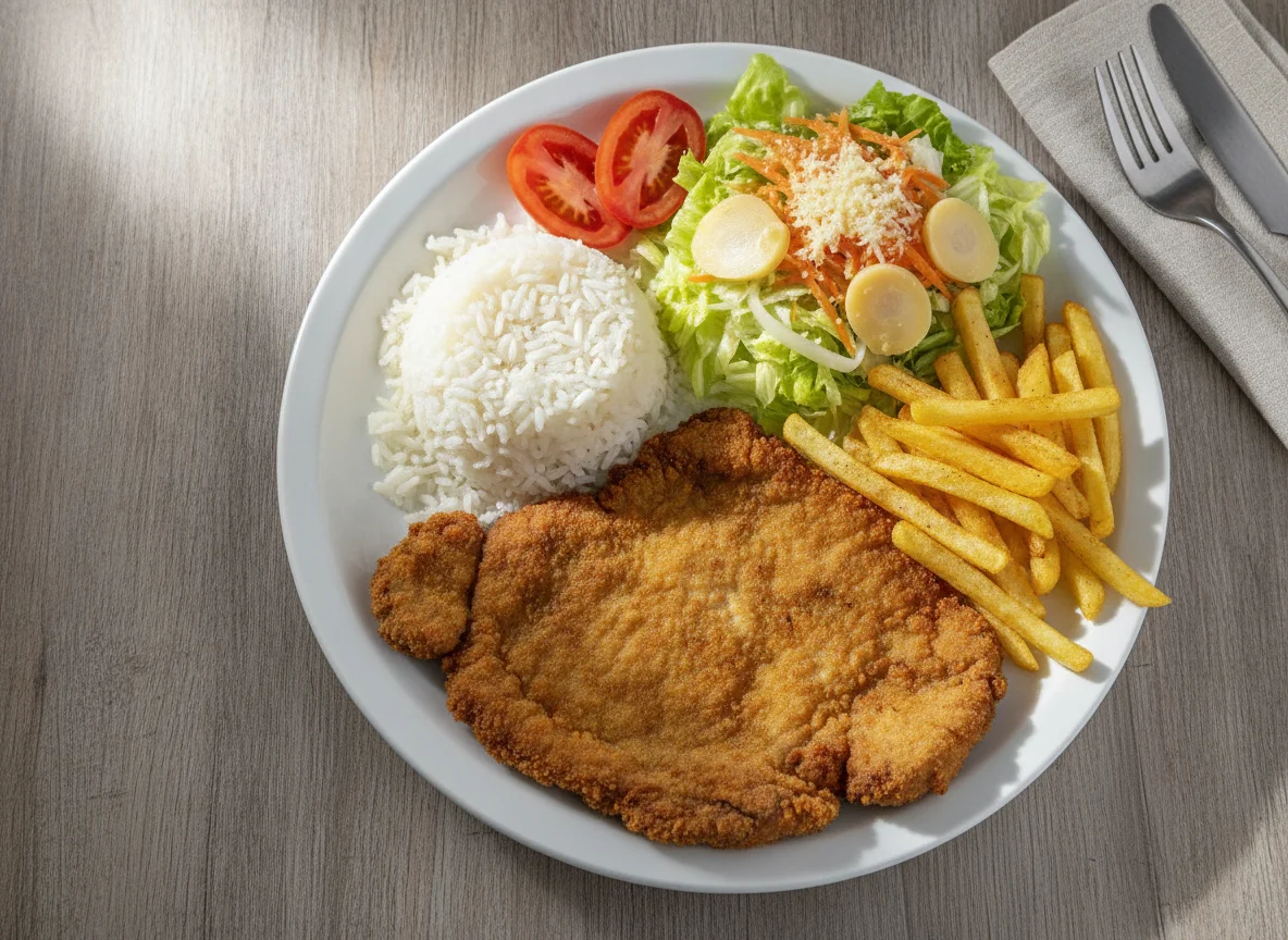 Prato Feito com Bife à Milanesa, Arroz, Batata Frita e Salada photo