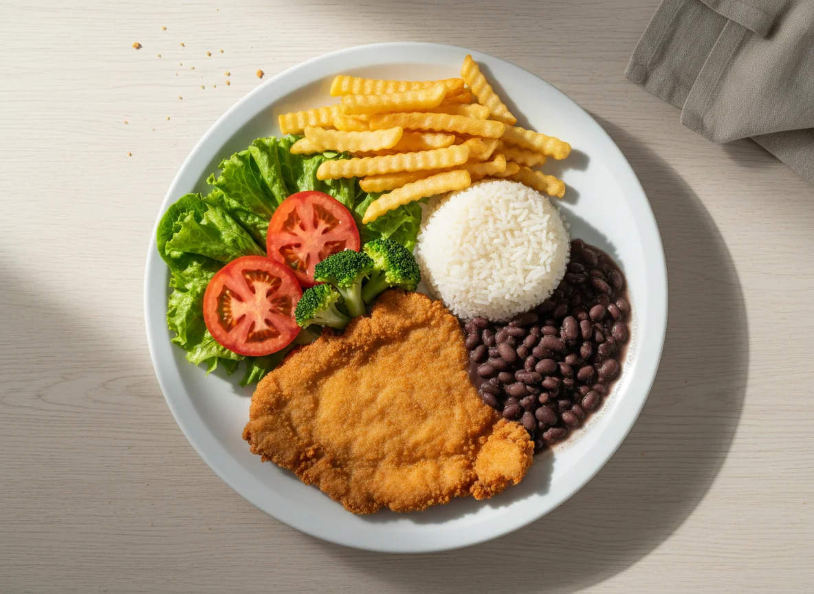 Prato feito com bife à milanesa, arroz e feijão, batata frita e salada photo