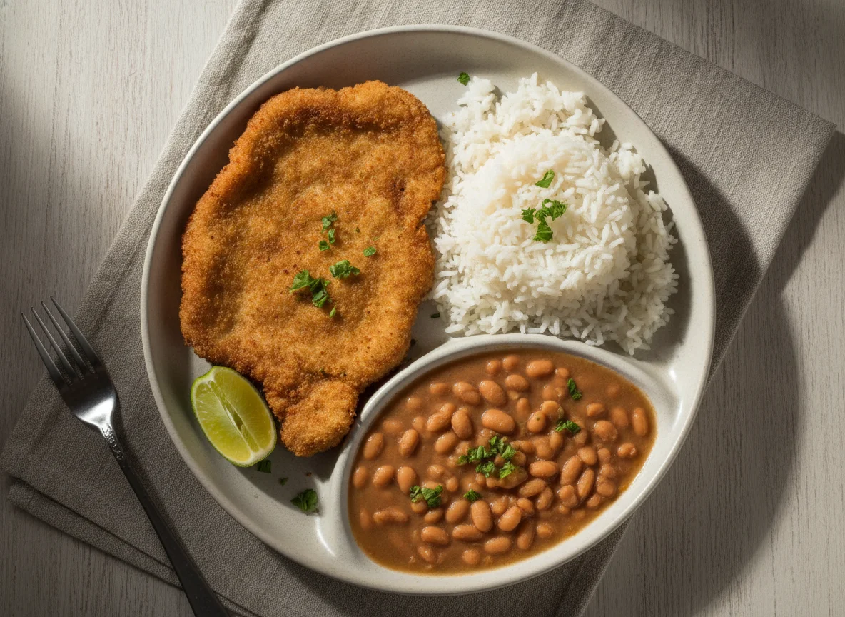 Prato feito com bife à milanesa, arroz e feijão photo