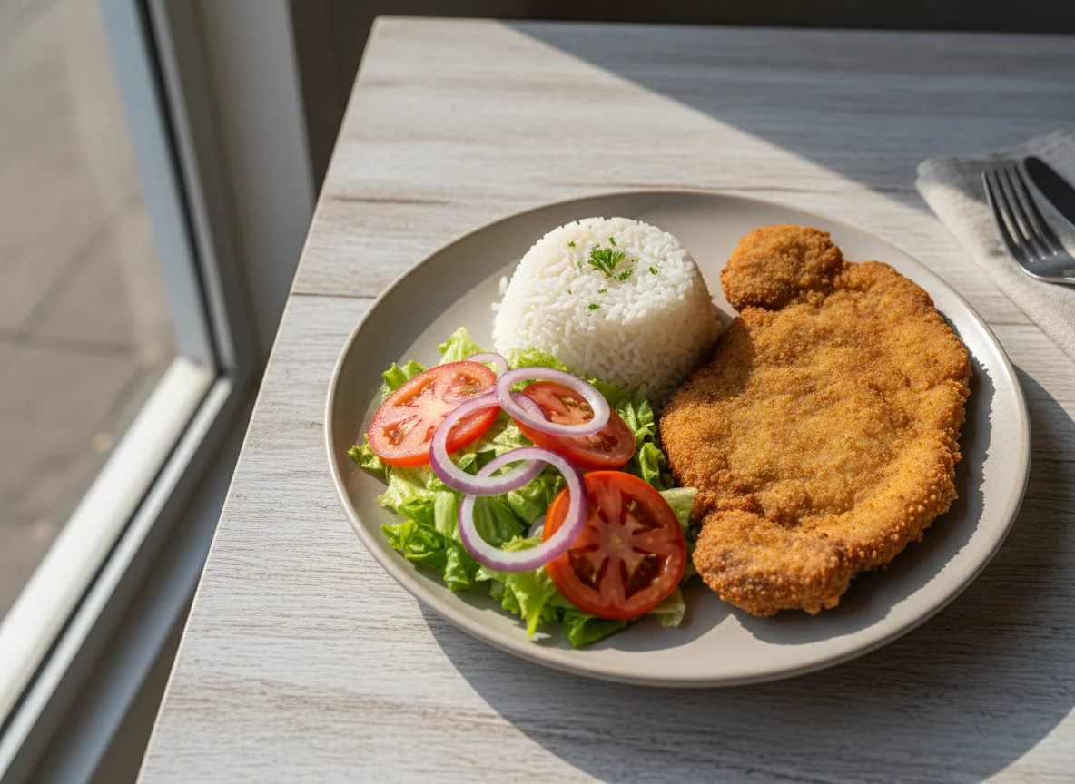 Prato feito com bife à milanesa, arroz e salada photo