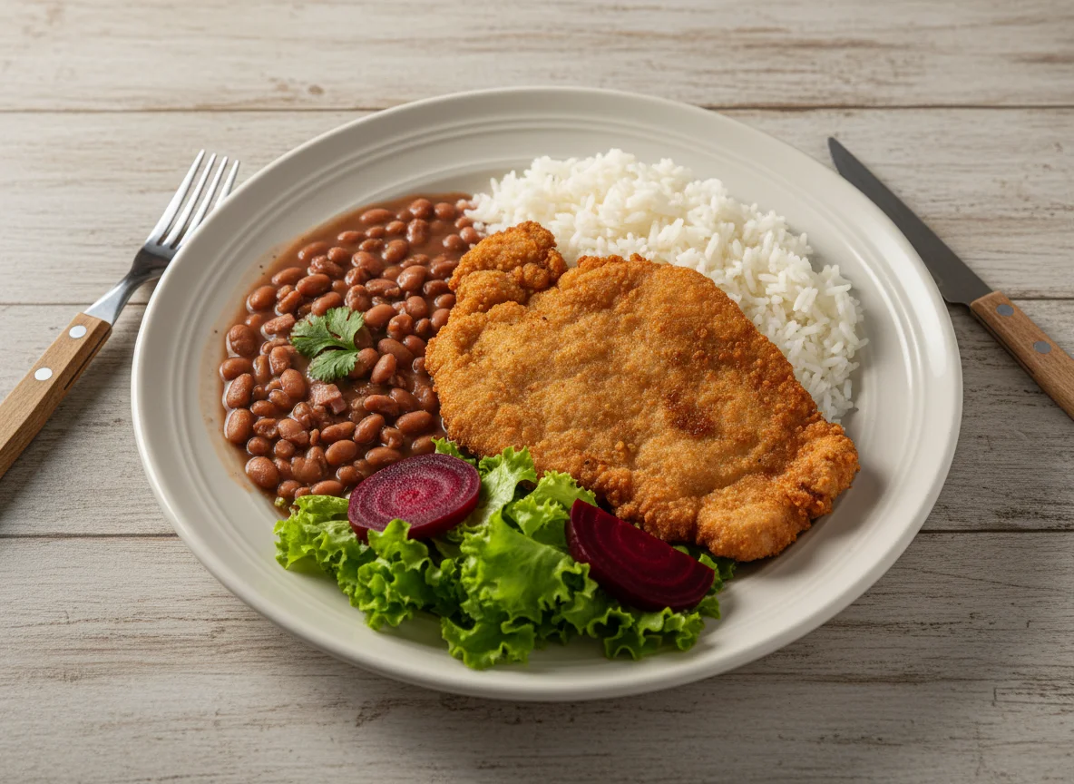 Prato feito com bife à milanesa, arroz, feijão, alface e beterraba photo